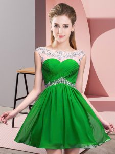Green Sleeveless Mini Length Beading and Ruching Backless Evening Dress