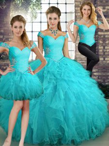 Noble Off The Shoulder Sleeveless Quinceanera Dress Floor Length Beading and Ruffles Aqua Blue Tulle