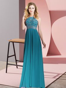 Customized Teal Sleeveless Floor Length Beading Backless Evening Dress
