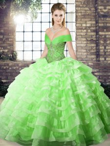 Stunning Organza Off The Shoulder Sleeveless Brush Train Lace Up Beading and Ruffled Layers Sweet 16 Dresses in