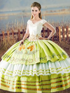 Yellow Green Satin Lace Up Quinceanera Dress Sleeveless Floor Length Embroidery and Ruffled Layers