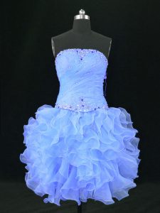 Blue Ball Gowns Strapless Sleeveless Organza Mini Length Lace Up Beading and Ruffles Prom Party Dress