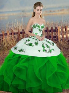 Sweetheart Sleeveless Sweet 16 Quinceanera Dress Floor Length Embroidery and Ruffles and Bowknot Green Tulle