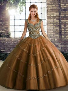 Straps Sleeveless Quinceanera Gown Floor Length Beading and Appliques Brown Tulle