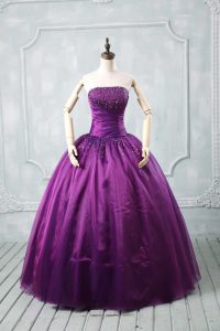 New Style Ball Gowns 15 Quinceanera Dress Purple Strapless Organza Sleeveless Floor Length Lace Up