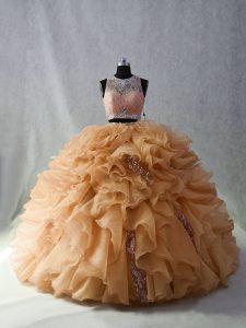 Brush Train Ball Gowns Vestidos de Quinceanera Champagne Scoop Organza Sleeveless Zipper