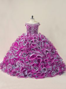 Luxurious Off The Shoulder Sleeveless Ball Gown Prom Dress Brush Train Beading and Ruffles Multi-color Organza