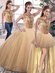 Top Selling Gold Three Pieces Scoop Sleeveless Tulle Floor Length Lace Up Beading 15 Quinceanera Dress