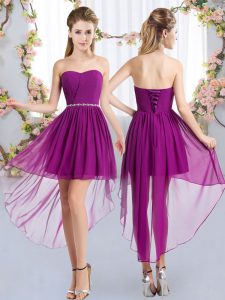 Shining Purple Lace Up Quinceanera Court Dresses Beading Sleeveless High Low