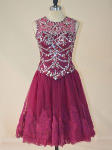 Burgundy Scoop Neckline Beading and Lace Prom Dress Sleeveless Lace Up