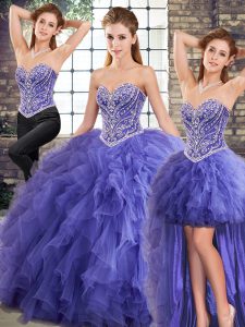 Traditional Tulle Sweetheart Sleeveless Lace Up Beading and Ruffles 15 Quinceanera Dress in Lavender