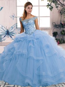 Blue 15th Birthday Dress Military Ball and Sweet 16 and Quinceanera with Beading and Ruffles Off The Shoulder Sleeveless Lace Up