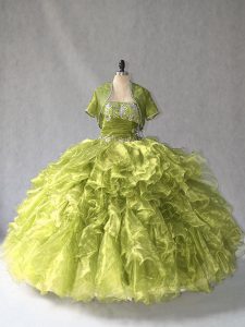 Scoop Sleeveless Ball Gown Prom Dress Floor Length Beading and Ruffles Olive Green Organza