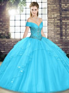 Admirable Sleeveless Tulle Floor Length Lace Up Quinceanera Dresses in Aqua Blue with Beading and Ruffles