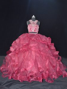 Burgundy 15 Quinceanera Dress Sweet 16 and Quinceanera with Beading and Ruffles Scoop Sleeveless Brush Train Backless