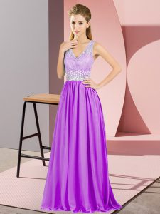 Trendy Chiffon V-neck Sleeveless Backless Beading and Lace Prom Gown in Purple