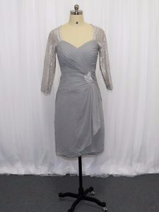 Grey Chiffon Zipper Prom Dress Half Sleeves Knee Length Beading and Ruching