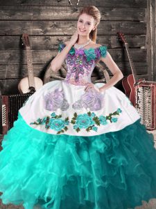 New Style Aqua Blue Lace Up Off The Shoulder Embroidery Quinceanera Gowns Organza Sleeveless