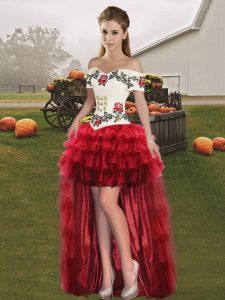 High Low Wine Red Prom Gown Organza Sleeveless Embroidery and Ruffled Layers
