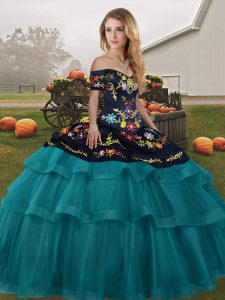 Teal Off The Shoulder Neckline Embroidery and Ruffled Layers Sweet 16 Quinceanera Dress Sleeveless Lace Up