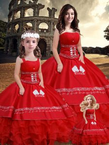 Pretty Red Satin Lace Up Strapless Sleeveless Floor Length Sweet 16 Quinceanera Dress Embroidery and Ruffles
