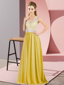 Stunning Gold Chiffon Criss Cross V-neck Sleeveless Floor Length Prom Dress Beading and Lace