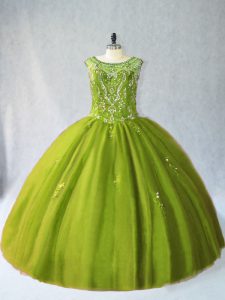 Olive Green Lace Up Scoop Beading Sweet 16 Quinceanera Dress Tulle Sleeveless