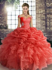 Dynamic Floor Length Orange Red Ball Gown Prom Dress Off The Shoulder Sleeveless Lace Up