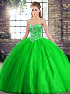 Elegant Beading Quinceanera Gowns Green Lace Up Sleeveless Brush Train