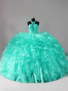 Aqua Blue Sweet 16 Dresses Organza Brush Train Sleeveless Beading and Ruffles