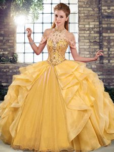 Beautiful Gold Halter Top Neckline Beading and Ruffles Vestidos de Quinceanera Sleeveless Lace Up