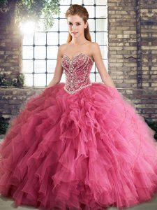Watermelon Red Sweetheart Lace Up Beading and Ruffles Quinceanera Dress Sleeveless