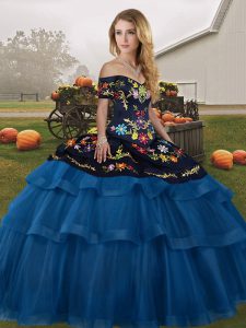 Blue And Black Tulle Lace Up Quinceanera Dresses Sleeveless Brush Train Embroidery and Ruffled Layers