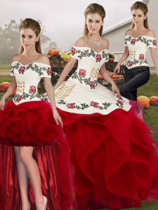 Excellent White And Red Sweet 16 Quinceanera Dress Military Ball and Sweet 16 and Quinceanera with Embroidery and Ruffles Off The Shoulder Sleeveless Lace Up