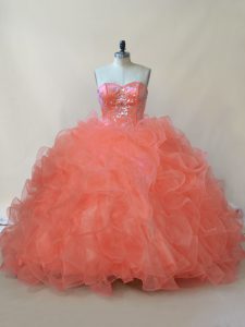 Comfortable Ball Gowns Quinceanera Gowns Orange Sweetheart Organza and Tulle Sleeveless Floor Length Lace Up