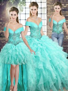 Best Sleeveless Organza Brush Train Lace Up Vestidos de Quinceanera in Aqua Blue with Beading and Ruffles