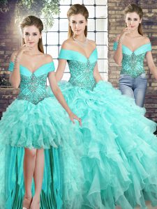 Best Sleeveless Organza Brush Train Lace Up Vestidos de Quinceanera in Aqua Blue with Beading and Ruffles