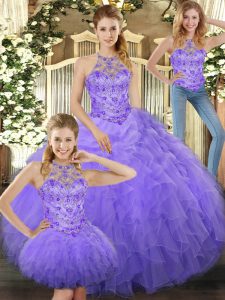 Stunning Lavender Three Pieces Halter Top Sleeveless Tulle Floor Length Lace Up Beading and Ruffles 15th Birthday Dress