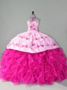 Hot Pink Mermaid Organza Halter Top Sleeveless Embroidery and Ruffles Lace Up Quinceanera Dresses Court Train