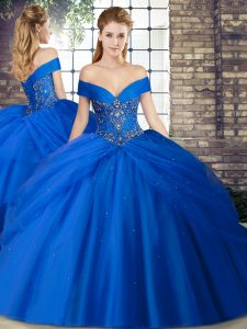 Custom Fit Tulle Off The Shoulder Sleeveless Brush Train Lace Up Beading and Pick Ups 15 Quinceanera Dress in Royal Blue