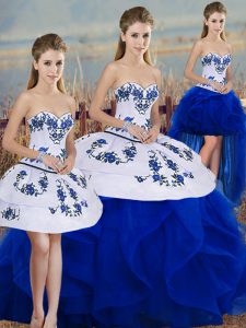 Cute Royal Blue Sweetheart Lace Up Embroidery and Ruffles and Bowknot 15 Quinceanera Dress Sleeveless