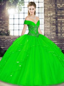 Sleeveless Floor Length Beading and Ruffles Lace Up Sweet 16 Dress with Green