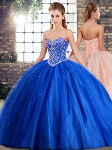 Sweetheart Sleeveless Brush Train Lace Up Quinceanera Dresses Blue Tulle