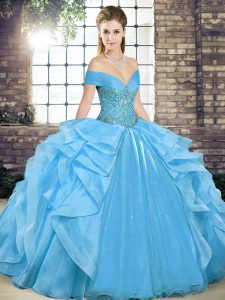 Baby Blue Ball Gowns Organza Off The Shoulder Sleeveless Beading and Ruffles Floor Length Lace Up 15th Birthday Dress
