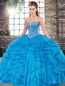 Most Popular Beading and Ruffles Vestidos de Quinceanera Blue Lace Up Sleeveless Floor Length