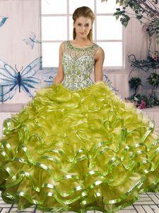 Olive Green Ball Gowns Beading and Ruffles Sweet 16 Quinceanera Dress Lace Up Organza Sleeveless Floor Length