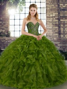 Olive Green Sleeveless Beading and Ruffles Floor Length Quinceanera Gowns
