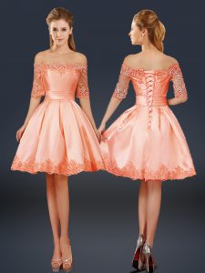 Unique Lace and Appliques Evening Dress Peach Lace Up Half Sleeves Mini Length