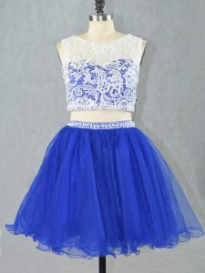 Scoop Sleeveless Prom Party Dress Mini Length Lace and Appliques Royal Blue Organza
