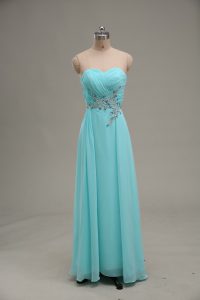 Fashionable Sleeveless Chiffon Floor Length Zipper Prom Dresses in Aqua Blue with Appliques and Ruching